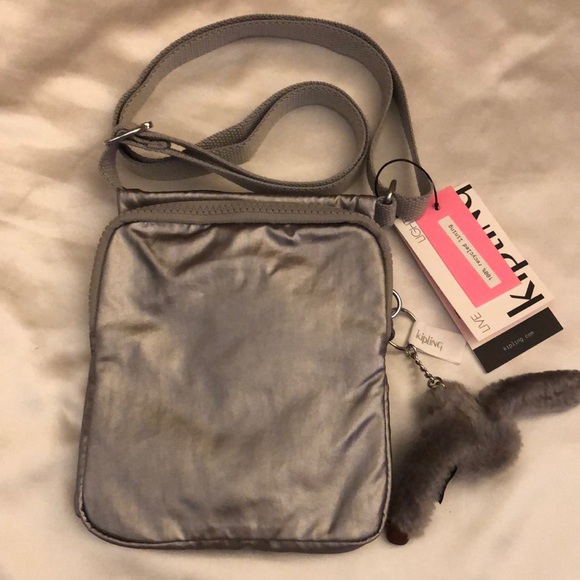 Kipling NWELDORADO Smooth Silver Metallic Crossbody With Monkey Key Chain NWT - Picture 7 of 16